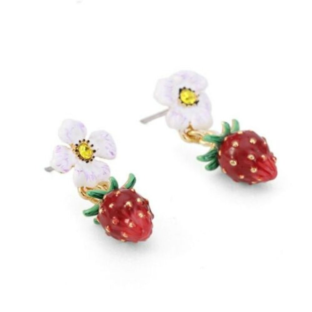 Les Nereides Strawberry And White Flower Stud Earrings